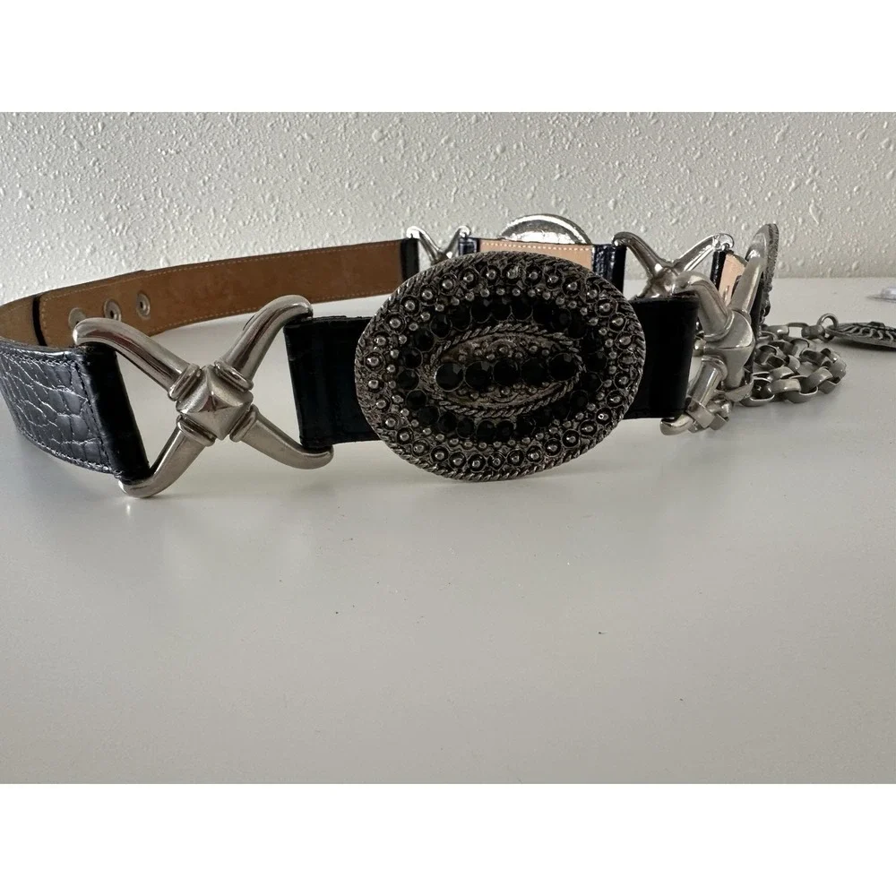 Streets Ahead Belt Silver Metal Chain & Rhinestone Black Leather STATEMENT 32 in